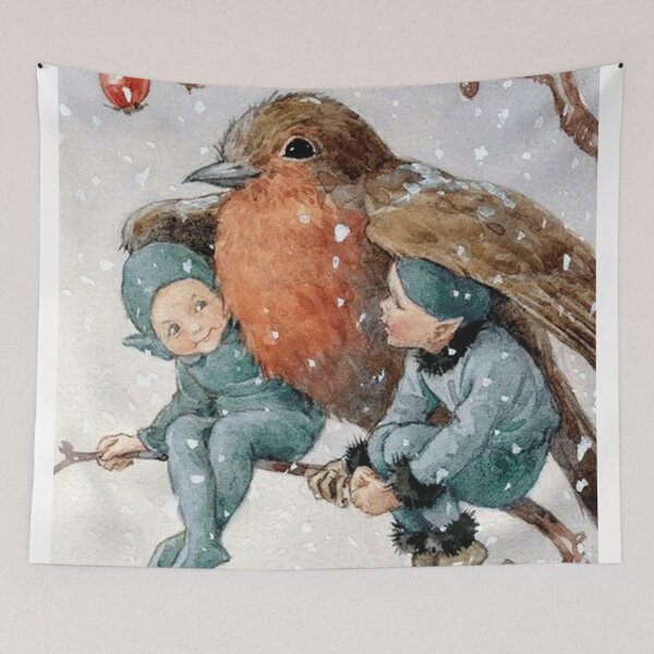 Item preview, Christmas Elves Sheltering with a Robin -  designed and sold by delorisaa.