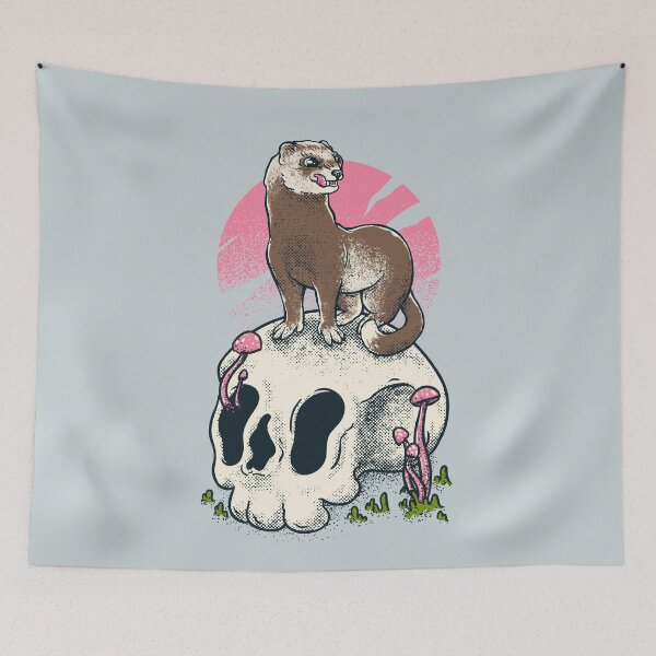 Item preview, Ferret On Skull | Retro Sun | Cute adorable furry creature ruthless killer Dook | Lowbrow art Vintage | forest woodlands cottagecore goblincore mushroom mushrooms fungus fungi plant vines animal designed and sold by Any Color Designs.