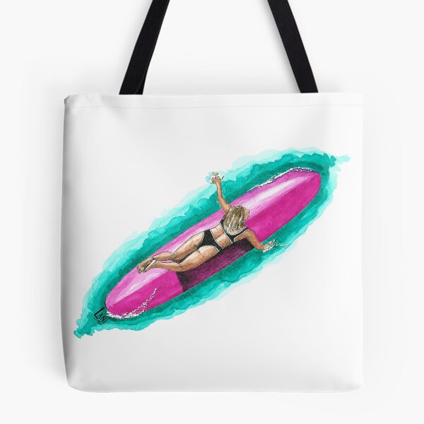 Item preview, Fuscia Freedom - Surfer girl on pink surfboard in turquoise green water designed and sold by LaniCroaker.