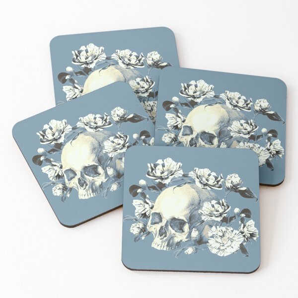 Item preview, Vintage Blue Tone Color Human Skull With Japanese Stripy Peonies designed and sold by TrulyEpoque.