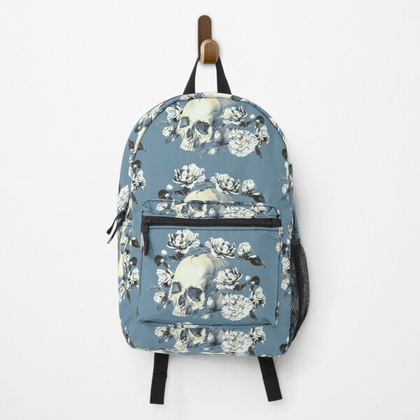 Item preview, Vintage Blue Tone Color Human Skull With Japanese Stripy Peonies designed and sold by TrulyEpoque.