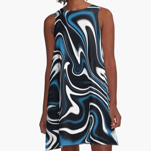 Blue, Black and White Estonia Swirls A-Line Dress