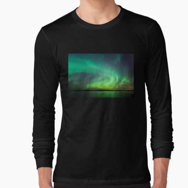 Northern lights over lake in Finland Long Sleeve T-Shirt