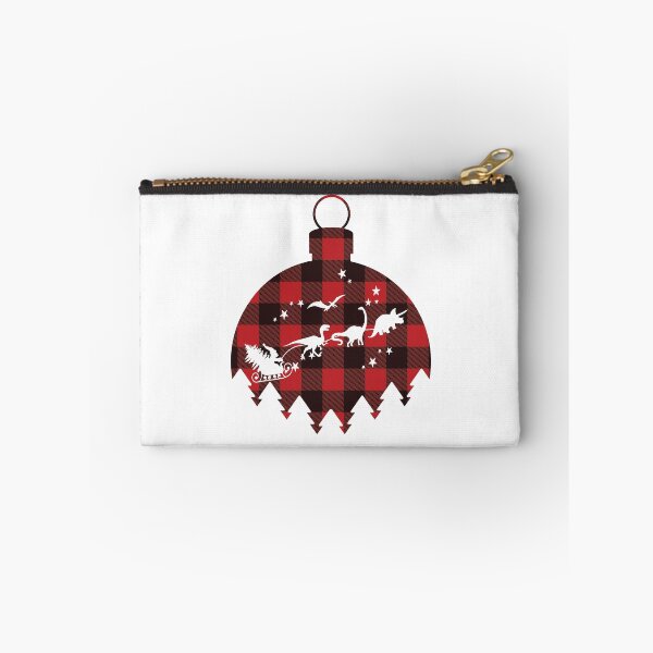 Artikelvorschau, Dinosaurier-Weihnachtsschlittenfahrt auf Red Buffalo Plaid Flanell Ornament Baumausschnitt entworfen und verkauft von Rabbitti.