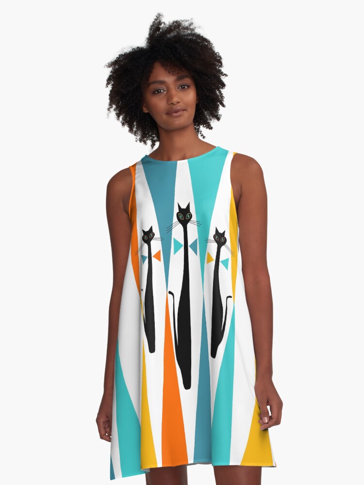 Thumbnail 1 of 4, A-Line Dress, MidCentury Modern Art 10 Jester Cats designed and sold by OldUrbanFarmhse.