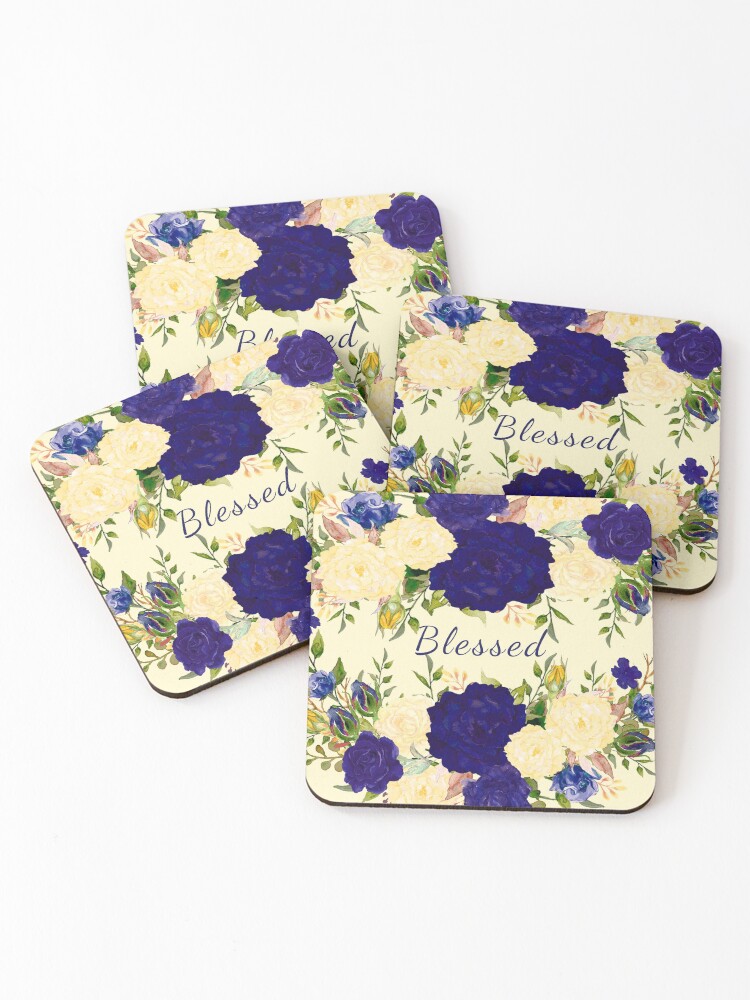 Thumbnail 1 of 5, Coasters (Set of 4), Blue and Cream Flowers Coasters designed and sold by GODS4US.
