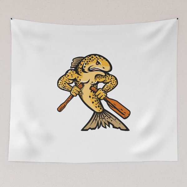 Item preview, Brown Trout Salmo Trutta or Salmon Breaking an Oar or Paddle Cartoon Mascot Color designed and sold by patrimonio.