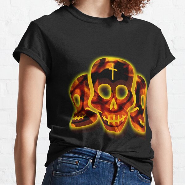 Flaming Fiery Burnt Orange 3 Head Skulls Classic T-Shirt