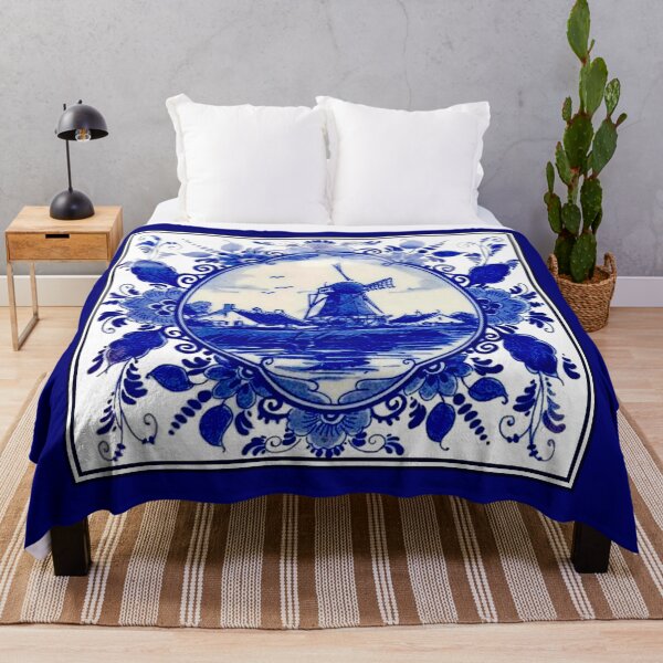 DUTCH BLUE DELFT : Vintage Windmill on River Print Throw Blanket