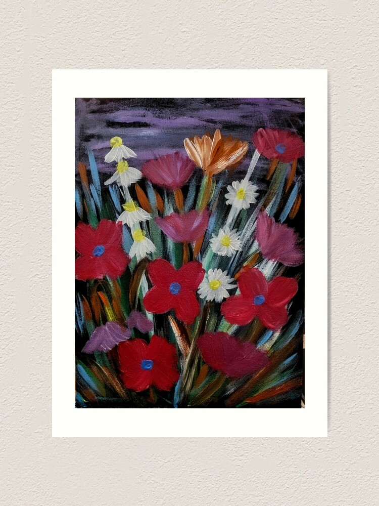 Alternate view of Some bright fun looking abstract flowers with metallic and iridescent medium mix Art Print