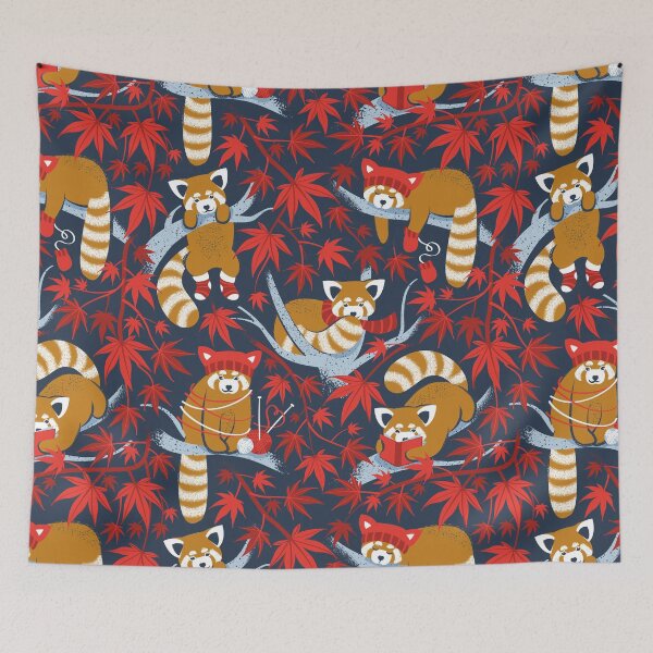 Item preview, Red panda blending with the foliage // navy background desert sun brown cozy animals fog blue tree branches red acer leaves designed and sold by SelmaCardoso.