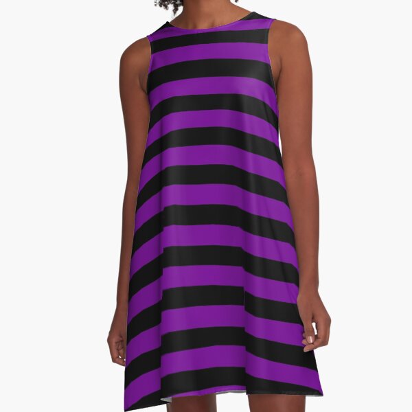 Medium Violet and Black Stripes | Horizontal Medium Stripes | A-Line Dress