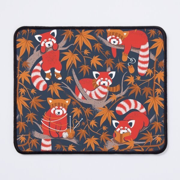 Item preview, Red panda blending with the foliage // navy background red cozy animals fog brown taupe tree branches orange acer leaves designed and sold by SelmaCardoso.