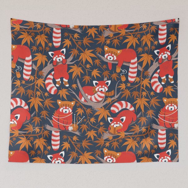 Item preview, Red panda blending with the foliage // navy background red cozy animals fog brown taupe tree branches orange acer leaves designed and sold by SelmaCardoso.