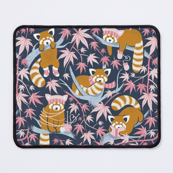 Item preview, Red panda blending with the foliage // navy background desert sun brown cozy animals fog blue tree branches cotton candy and carissma pink acer leaves designed and sold by SelmaCardoso.