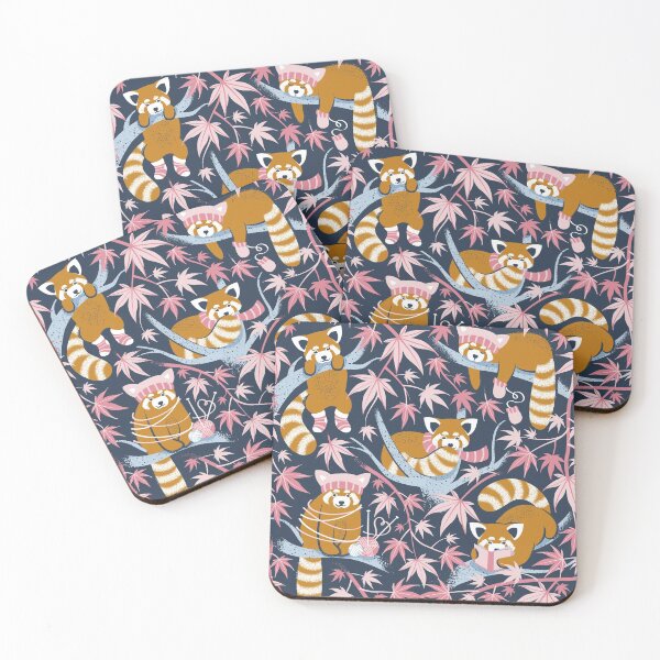 Item preview, Red panda blending with the foliage // navy background desert sun brown cozy animals fog blue tree branches cotton candy and carissma pink acer leaves designed and sold by SelmaCardoso.