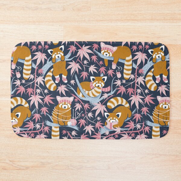 Item preview, Red panda blending with the foliage // navy background desert sun brown cozy animals fog blue tree branches cotton candy and carissma pink acer leaves designed and sold by SelmaCardoso.