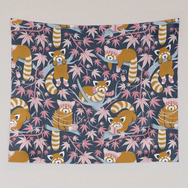 Item preview, Red panda blending with the foliage // navy background desert sun brown cozy animals fog blue tree branches cotton candy and carissma pink acer leaves designed and sold by SelmaCardoso.