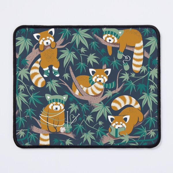 Item preview, Red panda blending with the foliage // navy background desert sun brown cozy animals fog brown taupe tree branches pine and jade green acer leaves designed and sold by SelmaCardoso.