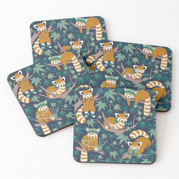 Item preview, Red panda blending with the foliage // navy background desert sun brown cozy animals fog brown taupe tree branches pine and jade green acer leaves designed and sold by SelmaCardoso.