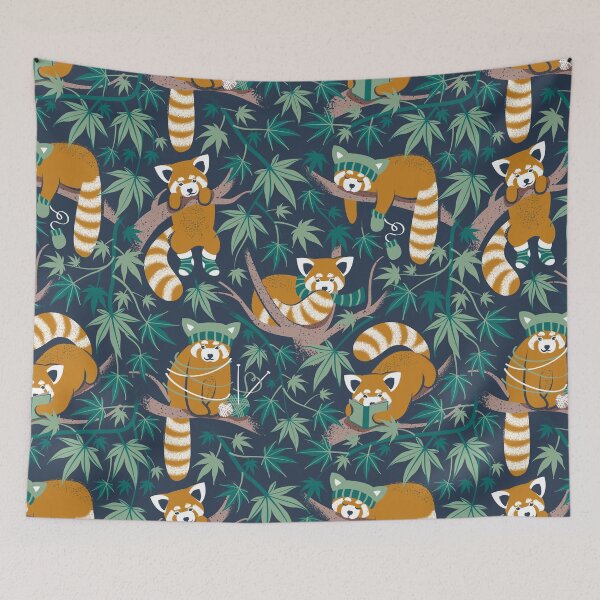 Item preview, Red panda blending with the foliage // navy background desert sun brown cozy animals fog brown taupe tree branches pine and jade green acer leaves designed and sold by SelmaCardoso.