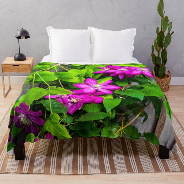 Item preview, Pink clematis flowers climbing on a fence designed and sold by Karen Hogan.