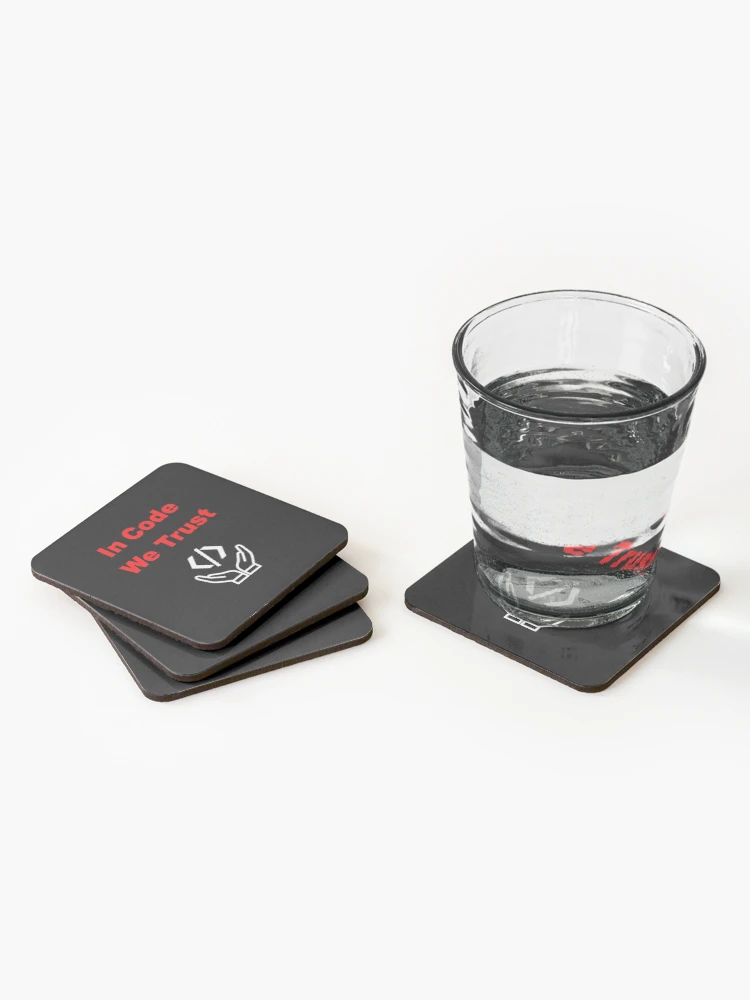 Thumbnail 2 of 5, Coasters (Set of 4), In Code We Trust, Source Code, Software Engineer, Computer Science, Web Code, Web, WWW, Programming Humor, HTML Tag, Text on Top, Dark designed and sold by Max-Wear.