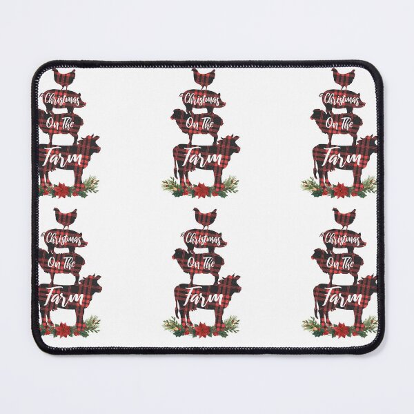 Aperçu de l'œuvre Noël à la ferme, Animaux, motif à carreaux de Noël, fleurs, vache, mouton, cochons, poulets créée et vendue par HippyTees.