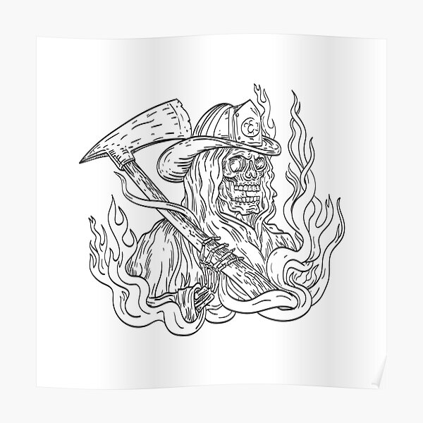 "Grim Reaper Wearing a Fireman Firefighter Helmet Hat with Fire Axe