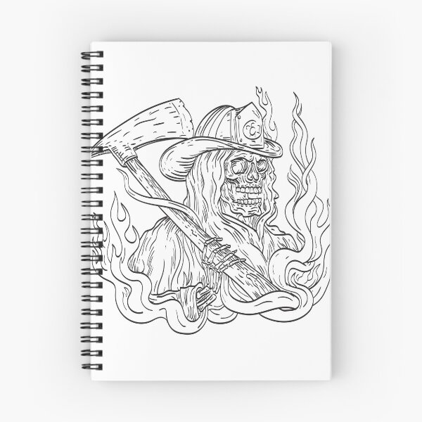 Item preview, Grim Reaper Wearing a Fireman Firefighter Helmet Hat with Fire Axe Smoke and Fire Tattoo Drawing Black and White designed and sold by patrimonio.