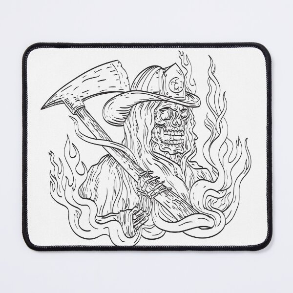 Item preview, Grim Reaper Wearing a Fireman Firefighter Helmet Hat with Fire Axe Smoke and Fire Tattoo Drawing Black and White designed and sold by patrimonio.