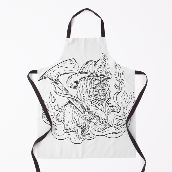 Item preview, Grim Reaper Wearing a Fireman Firefighter Helmet Hat with Fire Axe Smoke and Fire Tattoo Drawing Black and White designed and sold by patrimonio.
