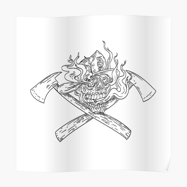 American Fireman Skull Wearing Firefighter Helmet Hat with Crossed Fire Axe  Smoke and Fire Tattoo Drawing Black and White Canvas Print  Canvas Art by  Aloysius Patrimonio  Fine Art America