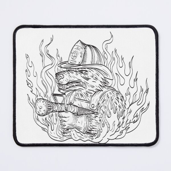 Item preview, Dog or Wolf Fireman Aiming Fire Hose Wearing Firefighter Helmet with Smoke and Fire Tattoo Drawing Black and White designed and sold by patrimonio.