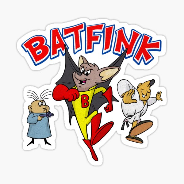 Batfink the Bat Superhero 60s Cartoon Character, his aide Karate, and Villain Hugo A-Go-Go Sticker