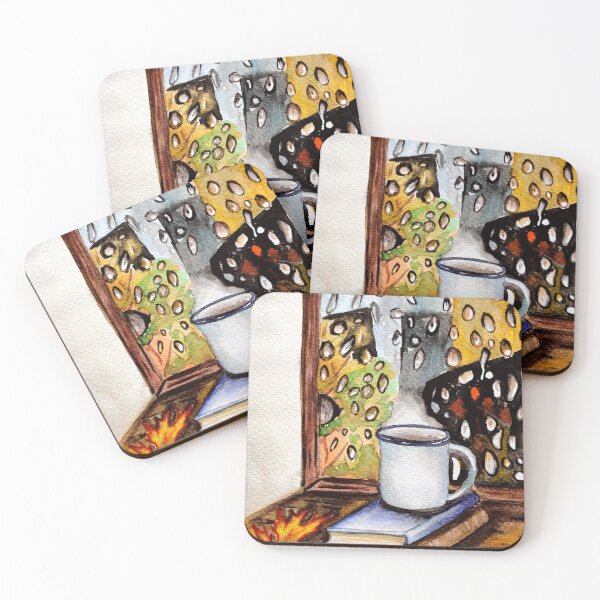 Item preview, Rainy day, cup of coffeee, books, autumn watercolors illustration pattern designed and sold by Ala Lopatniov.