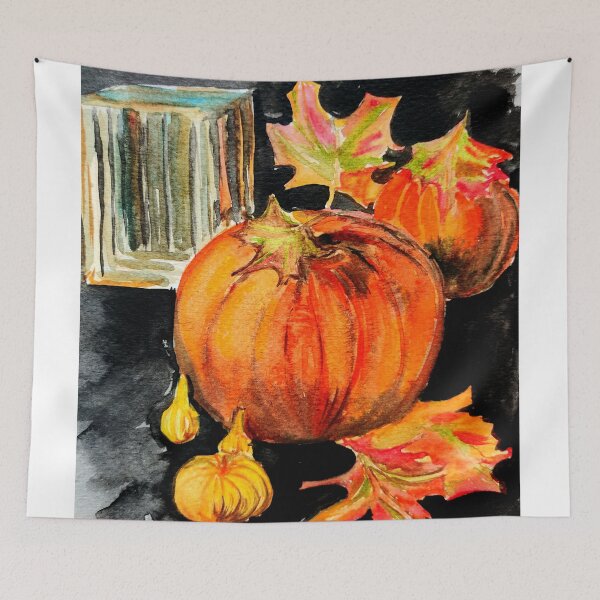 Item preview, Autumn scenary, pumpkins, golden colors, watercolors, illustration designed and sold by Ala Lopatniov.