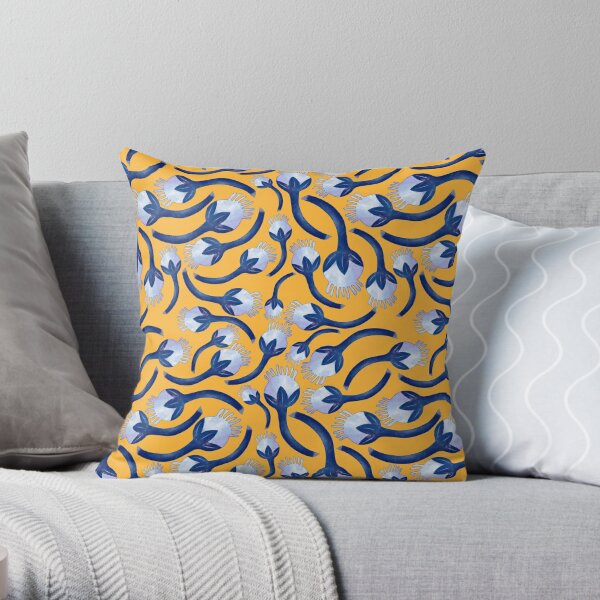 Floral Chinoiserie Pattern - Chinese East Asian Culture Yellow Blue Watercolor Motif Vintage Throw Pillow