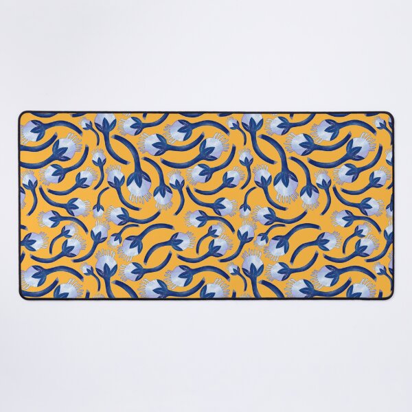 Floral Chinoiserie Pattern - Chinese East Asian Culture Yellow Blue Watercolor Motif Vintage Desk Mat