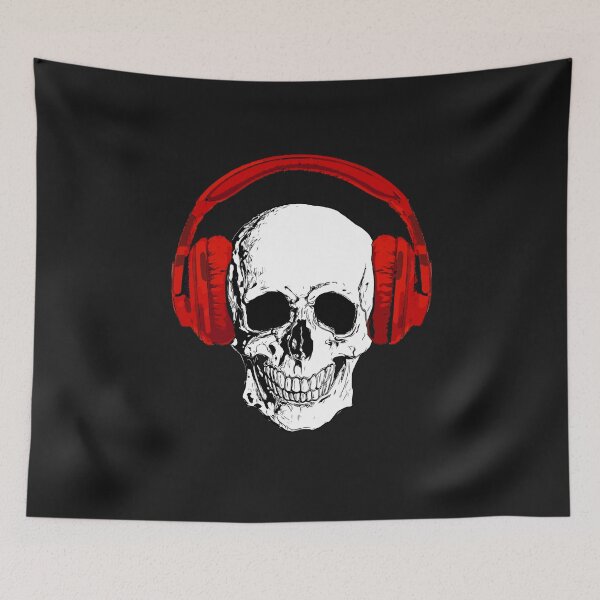 Item preview, Skull with vintage red headphones, listen to music, cool draw skull designed and sold by Collagedream.