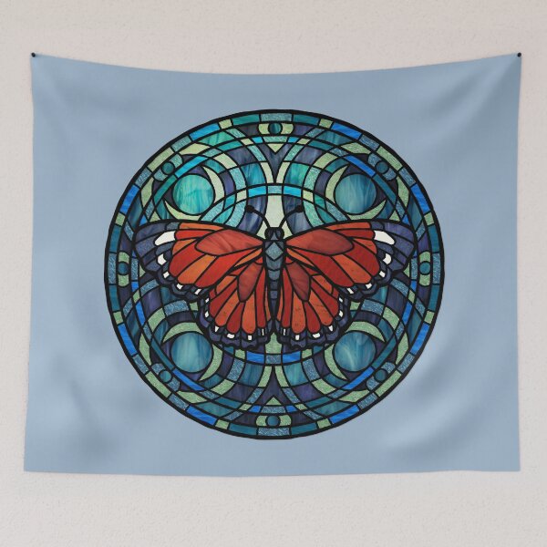 Item preview, Red Butterfly Round Blue Stained Glass designed and sold by Wyvernwrought.