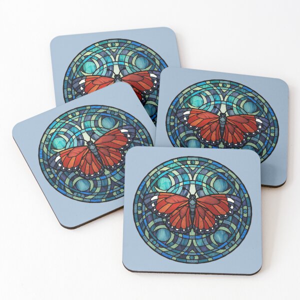 Item preview, Red Butterfly Round Blue Stained Glass designed and sold by Wyvernwrought.