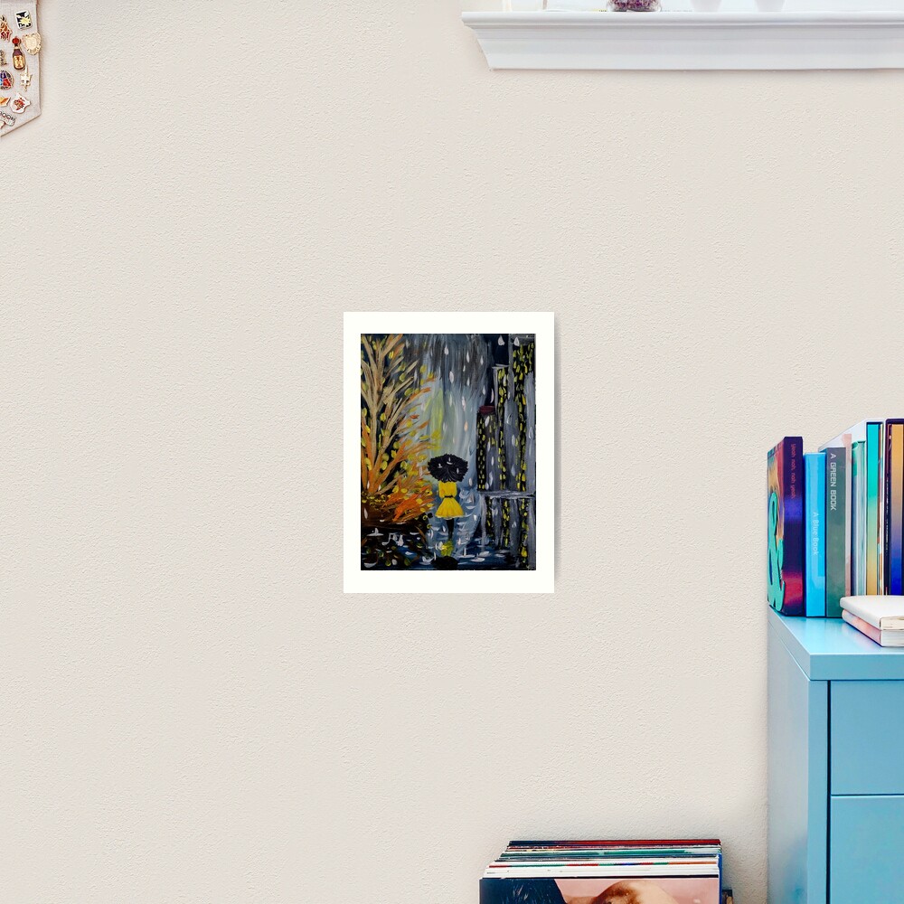 Lady enjoying walking through the city at night while it's raining. Art Print