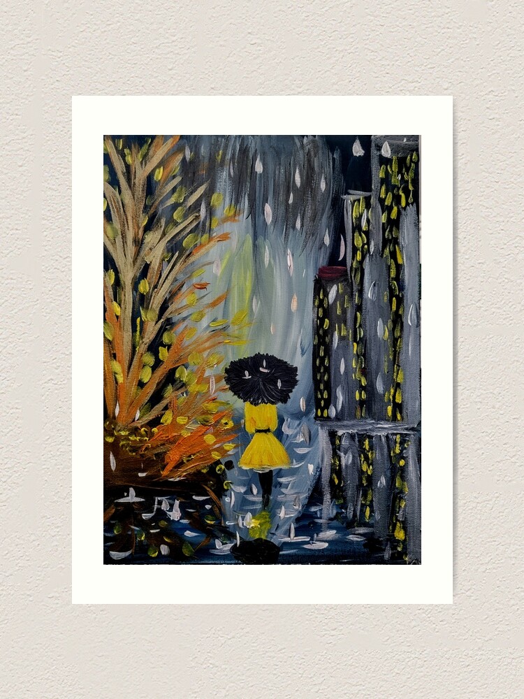 Alternate view of Lady enjoying walking through the city at night while it's raining. Art Print
