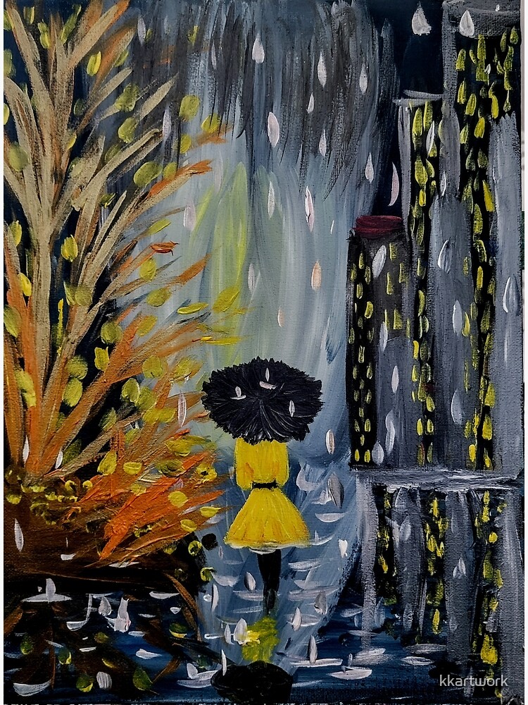 Lady enjoying walking through the city at night while it's raining. by kkartwork