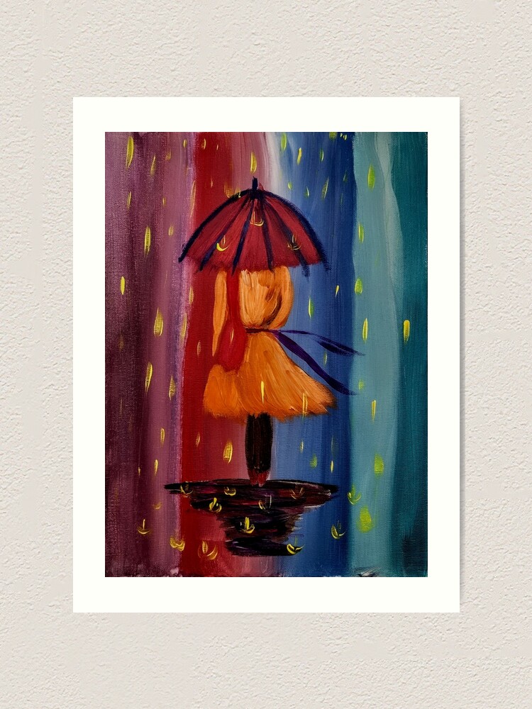 Alternate view of A lady with umbrella and handbag walking down a rain soaked footpath Art Print