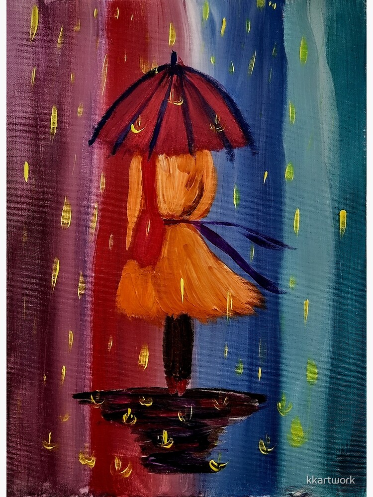A lady with umbrella and handbag walking down a rain soaked footpath by kkartwork