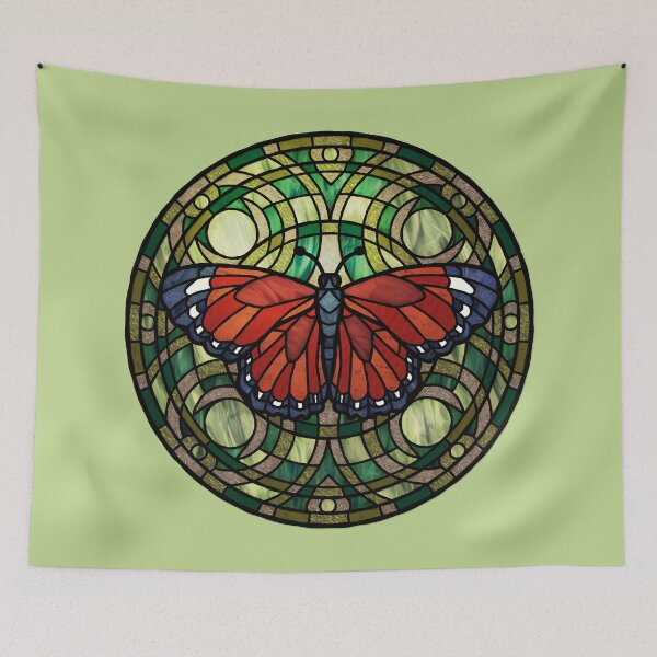 Item preview, Red Butterfly Round Green Stained Glass designed and sold by Wyvernwrought.