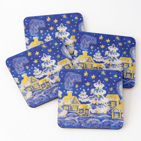 Item preview, Christmas picture - winter landscape with golden houses and silver fir-trees on blue background designed and sold by Irina Afonskaya.
