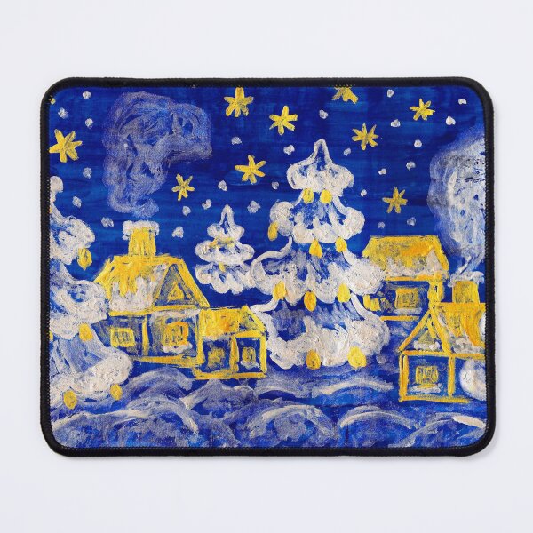 Item preview, Christmas picture - winter landscape with golden houses and silver fir-trees on blue background designed and sold by Irina Afonskaya.